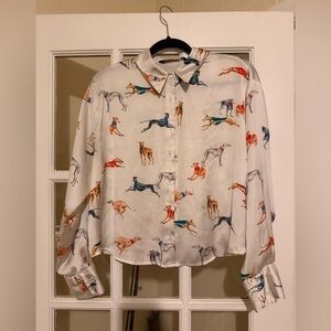 Zara Cream Satin Greyhound Dog Print Cropped Blouse
